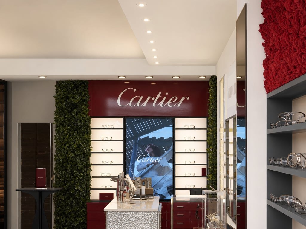Il corner Cartier in Giornalfoto, con le colonne di bosso, l'insegna rossa e le montature illuminate